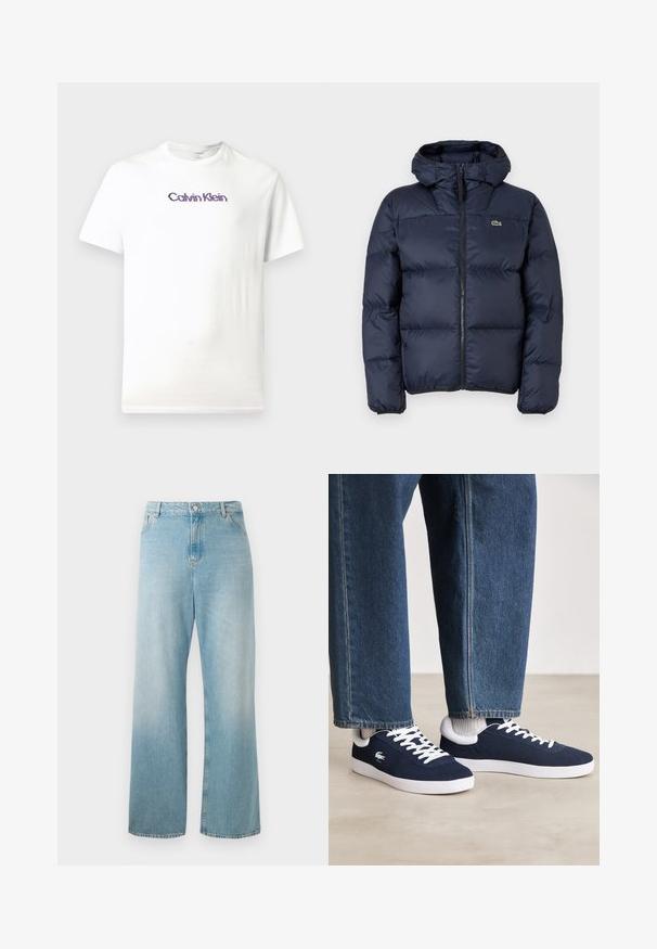Casaco acolchoado azul-marinho com fecho éclair à frente e capuz. Apresenta um design quilted e um pequeno logótipo bordado no peito. Tecido sintético liso.; T-shirt de algodão branca com gola redonda, mangas curtas e o logotipo roxo "Calvin Klein" impresso no peito.; Casacos de ganga de perna larga, azul claro. Apresenta uma cintura alta, bolsos frontais e uma bainha limpa. Textura suave com um acabamento desbotado.; Sapatilhas de tela azuis com atacadores brancos e solas de borracha, exibidas com calças de ganga e meios cinza canelados, sobre uma superfície cinza clara.