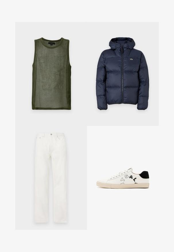 Tamnoplavi punjeni kaput s patentnim zatvaračem sprijeda i kapuljačom. Ima kviltani dizajn i mali izvezeni logo na prsima. Glatka, sintetička tkanina.; Maslinasta mrežasta majica bez rukava s okruglim izrezom i teksturiranom tkaninom koja ima uzorak mreže.; Bijele traperice s ravnim nogavicama, zatvaranjem na dugme i munju, dizajnom s pet džepova i bez vidljivih uzoraka ili naglaska.; Bijele kožne tenisice s crnim naglascima na peti, s odvažnim crnim natpisima sa strane i gumenim potplatom. Minimalistički dizajn.