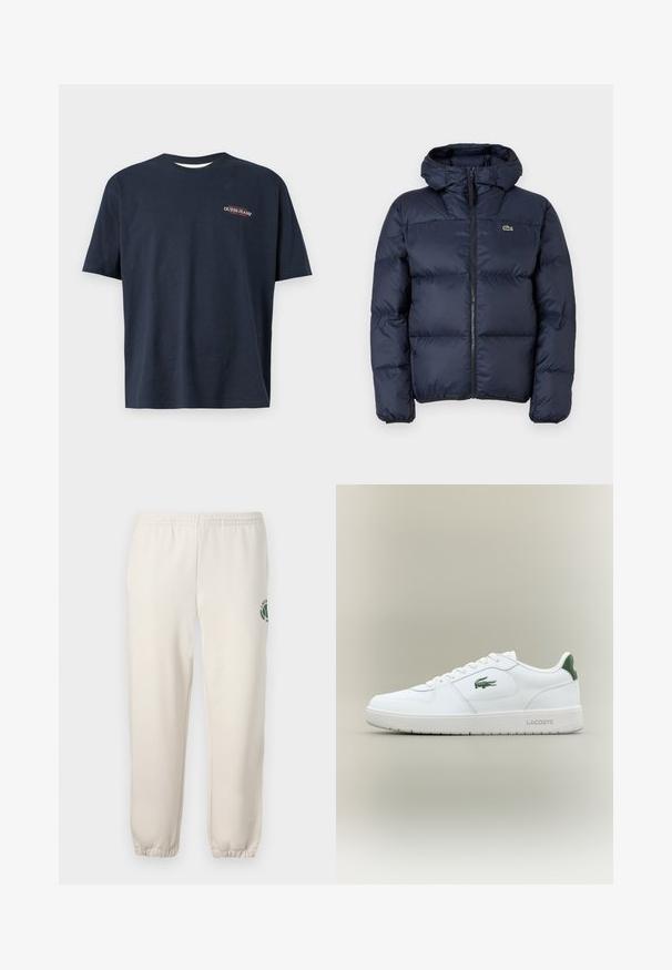 Tumesinine tepitud jakk, millel on ees lukuga sulgumine ja kapuuts. Omab tikandiga väikest logo rinnal ning sileda sünteetilise kanga disaini.; Tumesinine puuvillane t-särk lühikeste varrukatega. Ees on väike punase ja valge värvi tikand "GUESS JEANS" logo. Ümmargune kaelus, tavaline lõige.; Heledadbežased püksid, mis on valmistatud puuvillast, varustatud elastse vöökohtaga, soonikute lõpetustega ja vasakul jalal on roheline logo lehe kujundusega.; Valge nahkne spordijalats sujuva viimistlusega, rohelised aktsendid kanna peal ja roheline logo küljel. Omab lamedat tallat ja ümmargust varvast.