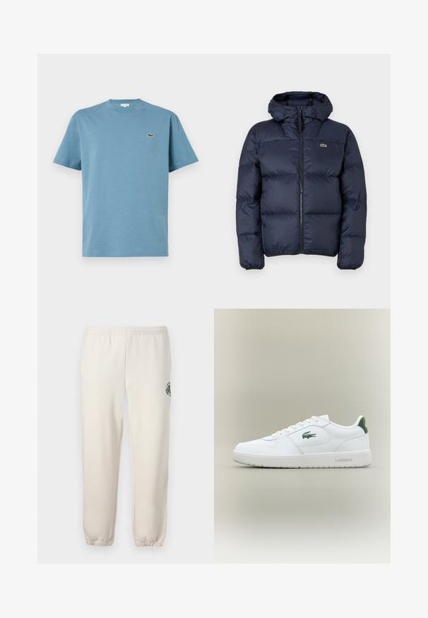 Jūras zila frotē jaka ar rāvējslēdzēju un kapuci. Iespējas: kvadrātveida dizains un mazs izšūts logotips uz krūšu. Gluda, sintētiska auduma.; Gaiši zils kokvilnas T-krekls ar apaļu kaklu, īsām piedurknēm un mazu izšūtu logotipu uz krūtīm. Gluda faktūra, ikdienišķs dizains.; Gaiši bēši kokvilnas sporta bikses ar elastīgu jostu, ribotām apakšmalām un zaļu logotipu ar lapu dizainu kreisajā kājā.; Baltas ādas sneakers ar gludu apdari, zaļiem akcentiem uz papēža un zaļu logotipu sānos. Iezīmē platu zoli un apaļu pirkstu.