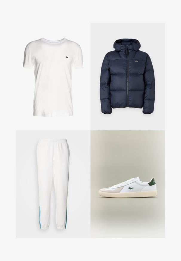 Sötétkék párnázott dzseki cipzáros elülső résszel és kapucnival. Steppelt kialakítású, kicsi hímzett logóval a mellkasán. Simább, szintetikus anyag.; Fehér, rövid ujjú pamut póló, klasszikus kerek nyakkivágással és egy kis zöld hímzett logóval a bal oldalon.; Fehér melegítőnadrág, gumis derékkal, zöld és kék oldalsávokkal. Puha anyagból készült, taperált bokarészes kialakítással.; Fehér sportcipő zöld részletekkel, velúr és bőr anyagból, kerek orral, texturált talppal, és hímzett logóval az oldalon és a nyelvén.