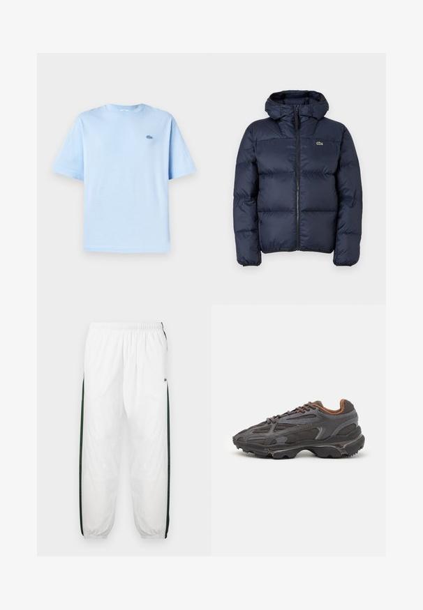 Chaqueta acolchada de color azul marino con cierre de cremallera en la parte delantera y capucha. Presenta un diseño acolchado y un pequeño logo bordado en el pecho. Tejido sintético suave.; Camiseta de algodón de color azul claro con cuello redondo, mangas cortas y un pequeño logotipo bordado en la parte izquierda del pecho. Textura suave, corte relajado.; Pantalones de chándal blancos con paneles laterales de color verde oscuro. Material ligero, cinturilla elástica y dobladillos con puños. Presenta textura de malla en los paneles laterales.; Zapatillas Lacoste en gris oscuro con material de malla y sintético, que cuentan con una suela texturizada y detalles en marrón en el cuello y la marca.