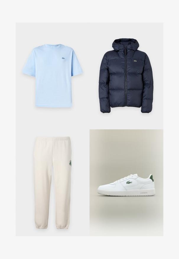 Tumesinine tepitud jakk, millel on ees lukuga sulgumine ja kapuuts. Omab tikandiga väikest logo rinnal ning sileda sünteetilise kanga disaini.; Hele sinine puuvillane T-särk ümmarguse kaelusega, lühikeste varrukatega ja väike brodüüritud logo vasakul rinnal. Pehme tekstuur, mugav lõige.; Heledadbežased püksid, mis on valmistatud puuvillast, varustatud elastse vöökohtaga, soonikute lõpetustega ja vasakul jalal on roheline logo lehe kujundusega.; Valge nahkne spordijalats sujuva viimistlusega, rohelised aktsendid kanna peal ja roheline logo küljel. Omab lamedat tallat ja ümmargust varvast.