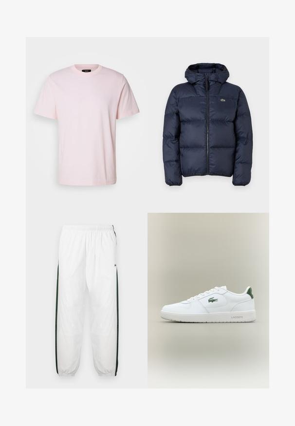 Jachetă căptușită de culoare albastru marin, cu fermoar în față și glugă. Prezintă un design matlasat și un mic logo brodat pe piept. Țesătură sintetică netedă.; Mads Nørgaard FRODE LOGO TEE - Tricou basic - blushing bride; Pantaloni de trening albi cu panouri laterale de culoare verde închis. Material ușor, talie elastică și tivuri manșonate. Prezintă o textură din plasă pe panourile laterale.; Tenisuli din piele albă cu un finisaj neted, accesorii verzi pe tocul încălțămintei și un logo verde pe lateral. Dispune de o talpă plată și vârf rotund.