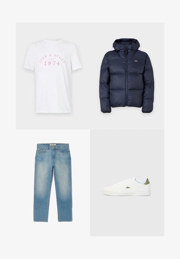 Navy blue padded jacket with a zip front and hood. Features quilted design and small embroidered logo on the chest. Smooth, synthetic fabric.; White cotton t-shirt with short sleeves. Front features pink text reading "LYLE & SCOTT ESTD 1874" in an arched design. Simple and classic style.; Light blue denim jeans with a straight-leg design, five pockets, and a slightly faded wash. Features silver hardware and a branded waistband tag.; White sneakers with a smooth texture, featuring a green accent at the heel and a small embroidered crocodile logo on the side.