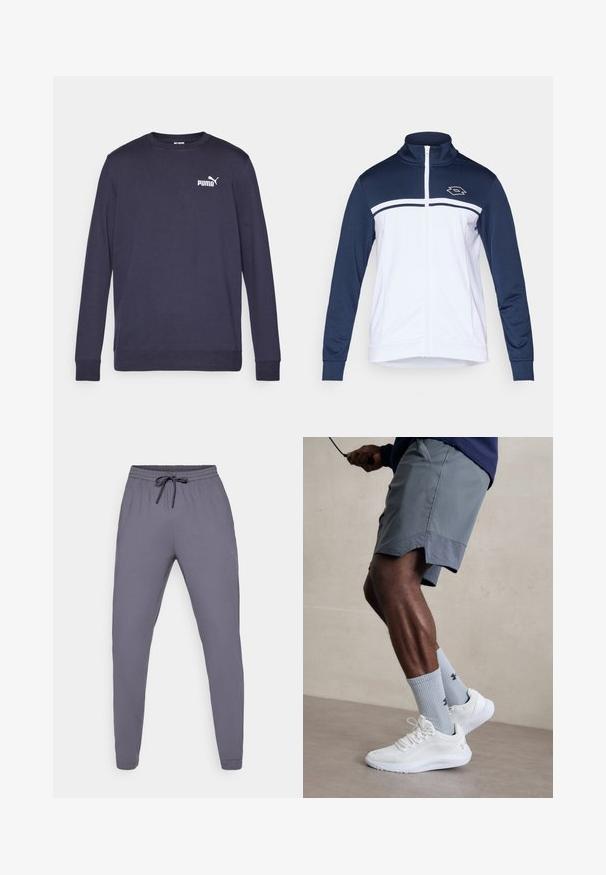 Tengernadrág sötétkék és fehér színben, magas gallérral, teljes cipzárral és hosszú ujjakkal. A dizájn vízszintes csíkokkal és egy logóval rendelkezik a mellkason.; Tengerészes hosszú ujjú pulóver, pamutból készült. Kerek nyakkivágással, bordázott mandzsettákkal és fehér PUMA logóval a mellkason. Simaság jellemzi.; Szürke sportnadrág rugalmas derékkal és húzózsinórral. Simább textúra, keskenyített lábformával, oldalán egy kis logóval.; Fehér sportcipők, amelyek texturált hálós felsőrésszel rendelkeznek, világoskék bordázott zoknival, amely logót visel. Szürke sportshortok perforált díszítéssel.