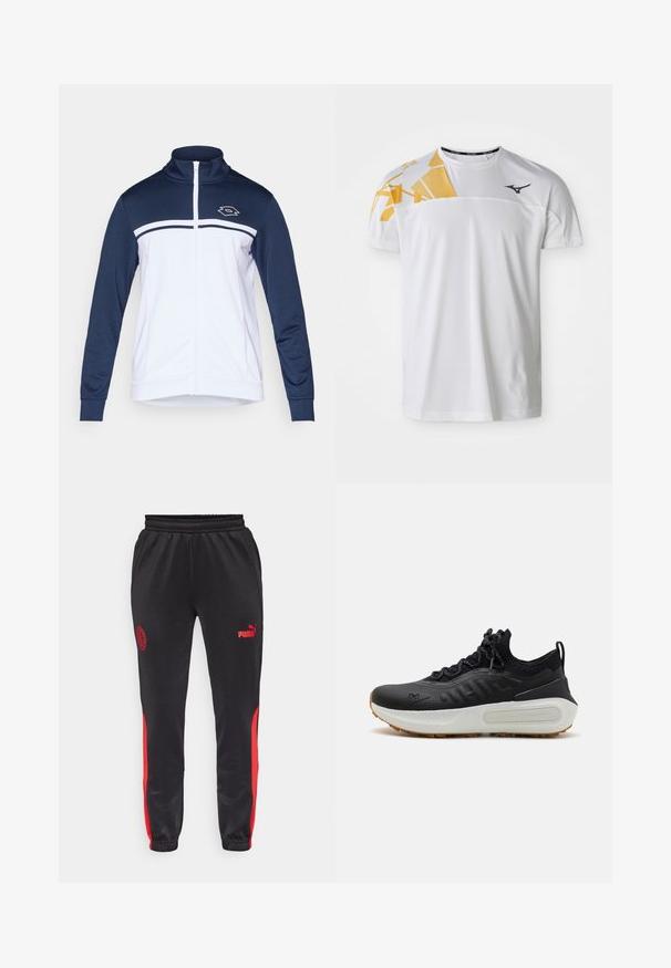 Trackjakke i marineblå og hvit, med høy krage, hel glidelås og lange ermer. Designet inkluderer horisontale striper og en logo på brystet.; Hvit trenings T-skjorte med et geometrisk gult design på den ene skulderen, glatt tekstur, rund hals og logo i mørk grå.; Sorte idrettsbukser i svart med røde sider. Har elastisk midje, smale ben, Puma-logo og lagets emblem på det ene låret.; Sorte treningssko med teksturert overdel, sokkelignende krave, grå snørebånd, og en hvit mellomsåle med et mønsterdesign samt gummisåle.