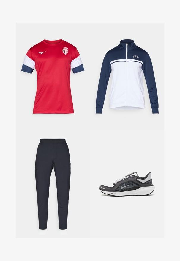 Trackjakke i marineblå og hvit, med høy krage, hel glidelås og lange ermer. Designet inkluderer horisontale striper og en logo på brystet.; Rød atletisk trøye med korte ermer, med hvite og marineblå detaljer. Logo på brystet, glatt tekstur, laget av syntetisk materiale.; Sorte treningbukser med glatt tekstur, smal passform, elastisk midjebånd og sidelommer. Har en liten logo på venstre lår.; Svart og grå atletisk sko med mesh-overdel, refleksdetaljer og hvit mellomsåle. Har strukturert gummisåle og lisser.