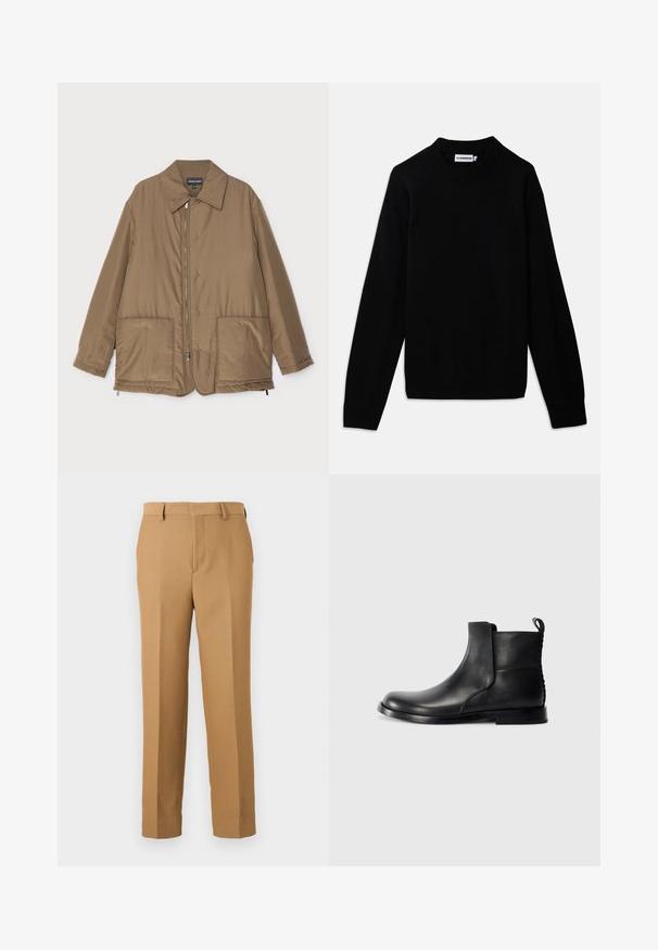 Brown padded jacket with a collared neck, front zip closure, two large pockets, and slight sheen. Simple design with a relaxed fit.; Black sweater with a ribbed crew neckline, long sleeves, and a textured knit pattern. No visible logos or embellishments.; Beige dress pants made of woven fabric, featuring a straight cut, flat front, and belt loops. Smooth texture with no visible patterns.; Black leather ankle boot with rounded toe, elastic side panels, and a textured back. Features a flat rubber sole and pull tab.