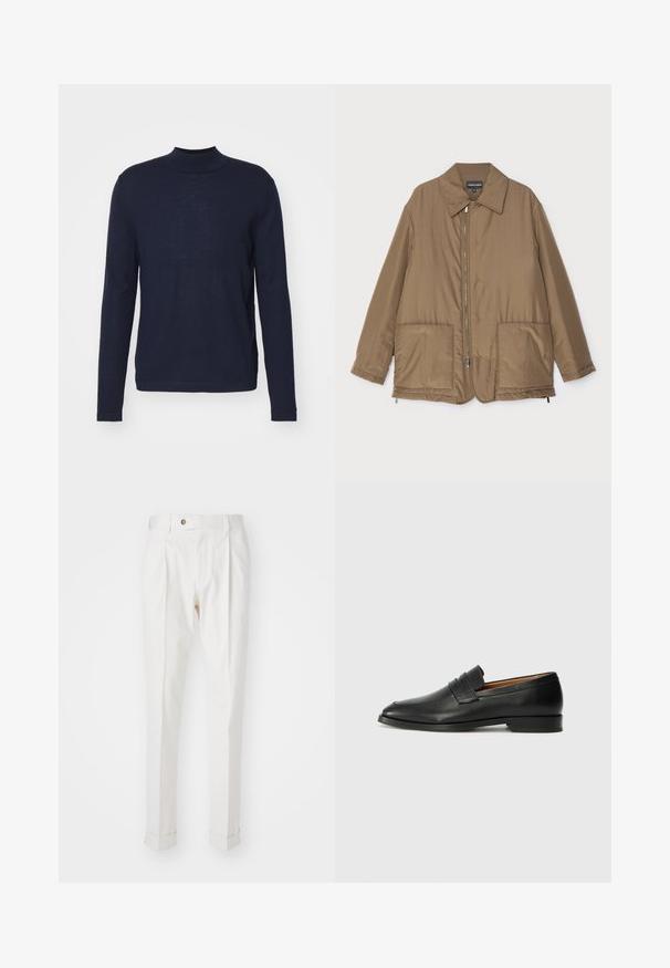 Pruunist voodriga jakk krae ja esitaskutega, ees lukuga kinnitamine ning kerge läikega. Lihtne kujundus ja lõdva istuvusega.; Tumed sinine pikkade varrukatega kõrge kaelusega sviiter, mis on valmistatud pehmest ja kergest materjalist. Omab keha lähedast disaini, millel on minimaalne õmbluse arv ja sile tekstuur.; Valged kohandatud püksid, millel on sirge esiosa, kaks voltimist ja rullitud avad. Valmistatud siledast kangast, millel on nööpelement vööl.; Must musta loafers ümarate varvastega, peene tikandiga ja madala kontsaga, millel on sile tekstuur ja minimalistlik disain.