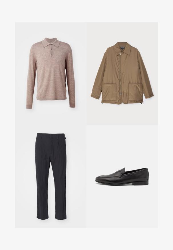 Bruine gewatteerde jas met een kraag, ritssluiting aan de voorkant, twee grote zakken en een lichte glans. Eenvoudig ontwerp met een ontspannen pasvorm.; Bruine polo met lange mouwen, gemaakt van zachte stof, met een kraag, drie knopen en geribde mouwen, met een gladde textuur en een subtiel patroon.; Zwarte geplooide broek van textuurstof, met een recht model en een standaard tailleband. Geen zichtbare zakken of hardware.; Zwarte leren herenloafers met een lage hak en een klassiek pennystrap-ontwerp, getoond in zijaanzicht op een witte achtergrond.
