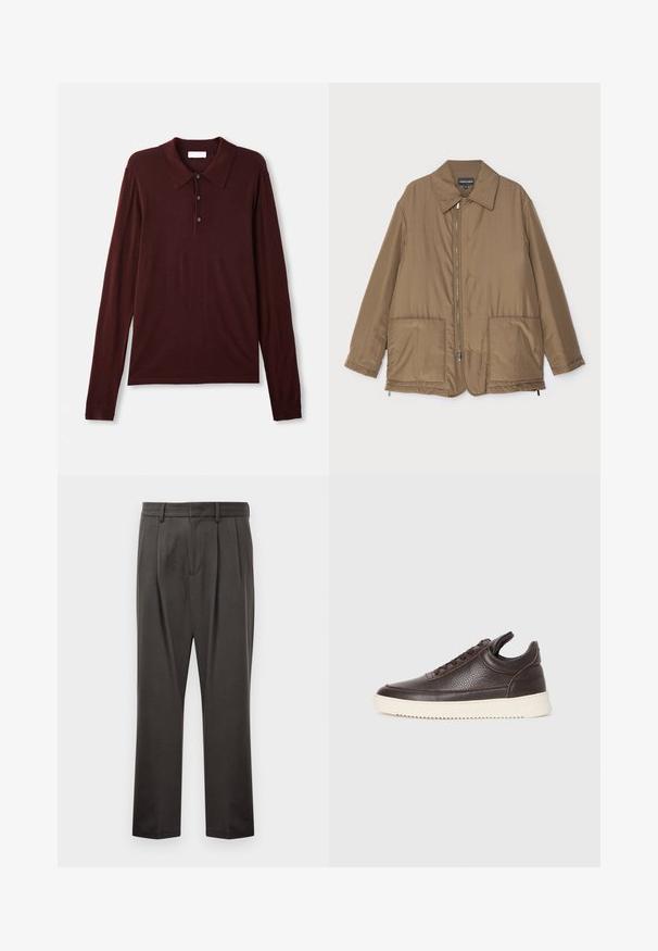 Pruunist voodriga jakk krae ja esitaskutega, ees lukuga kinnitamine ning kerge läikega. Lihtne kujundus ja lõdva istuvusega.; Pika-sleeve, sügava burgundi värvi polo särk pehmest kangast. Omab klassikalist krae, kolme nupuga nupuväärist ja sobivaid varrukaotsi.; Tumedashallased püksid, mis on valmistatud tekstuuriga kangast, lame esiosa, voldid, sirged jalad ja vöökohastab. Pole nähtavat riistvara ega mustreid.; Tumepruun tekstureeritud nahast sportking, millel on nööpidega esiosa ja valge soonikuga kummitald, heledal ühtlasel taustal.