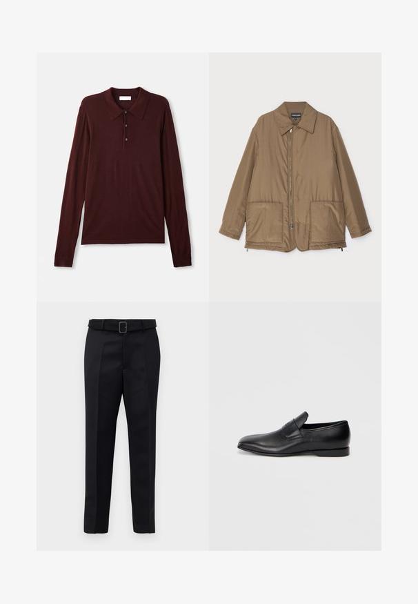 Hnedá prešívaná bunda s golierom, predným zipsom, dvoma veľkými vreckami a jemným leskom. Jednoduchý dizajn s voľným strihom.; Dlhý rukáv, tmavobordový polo tričko z jemného materiálu. Má klasický golier, tri gombíky pri zapínaní a priliehavé manžety.; Čierne nohavice na mieru majú hladkú tkaninu, rovný strih a opasok s obdĺžnikovou sponou. Výrazné predné skladky zvýrazňujú dizajn.; Čierne kožené poltopánky bez šnúrok s ostrou špičkou, hladkou textúrou a diskrétnym logom na boku. Nízky podpätok s čistým, minimalistickým dizajnom.