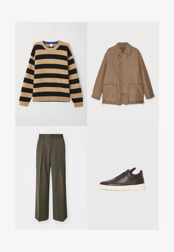 Brūns polsterēts mētelis ar apkakli, priekšpuses rāvējslēdzēja aizdare, divas lielas kabatas un nedaudz spīdīga virsma. Vienkāršs dizains ar brīvu piegriezumu.; Svītrains džemperis ar pārmaiņus melnu un brūnu svītru izkārtojumu, ribinātu apaļu kaklu un zilu akcentu kaklā. Mīksta tekstūra, brīva piegriezuma.; Filippa K WIDE TROUSERS - Auduma bikses - driftwood; Tumši brūnas tekstūrētas ādas sporta kurpes ar saistēm priekšā un baltu rievotu gumijas zoli uz vienkārša gaiša fona.