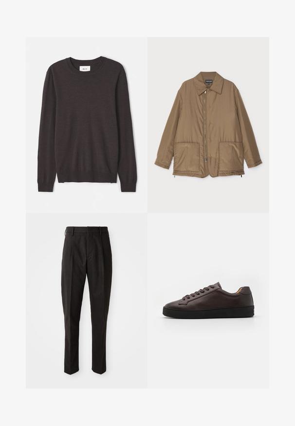 Veste rembourrée marron avec un col, fermeture zippée sur le devant, deux grandes poches et un léger éclat. Design simple avec une coupe décontractée.; Pull en tricot marron foncé avec un col rond, des manches longues, des poignets et un ourlet côtelés, une texture lisse, et une étiquette de marque minimaliste.; Pantalons en mélange de laine noirs avec une coupe droite, présentant une taille plate, deux poches latérales et une texture lisse.; Baskets en cuir marron avec une texture lisse, bout rond et semelle en caoutchouc noir. Présentent des lacets ton sur ton et des détails de design minimalistes.