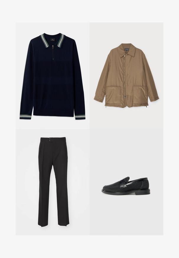 Braune gepolsterte Jacke mit Kragen, Reißverschluss vorne, zwei großen Taschen und leichter Glanz. Einfaches Design mit entspannter Passform.; Navyblaues Langarm-Polo-Shirt mit einem halben Reißverschluss und einem gestreiften Kragen in Grün, Weiß und Lila. Weiche Strickstruktur.; Schwarze maßgeschneiderte Hose mit geradem Bein, zwei Fronttaschen und einer doppelten Knopfverschluss an der Taille. Glatte Stoffoberfläche.; Schwarzer geflochtener Slipper mit einem glatten Lederakzent im Obermaterial, einem runden Zehendesign und einer flachen Gummisohle.