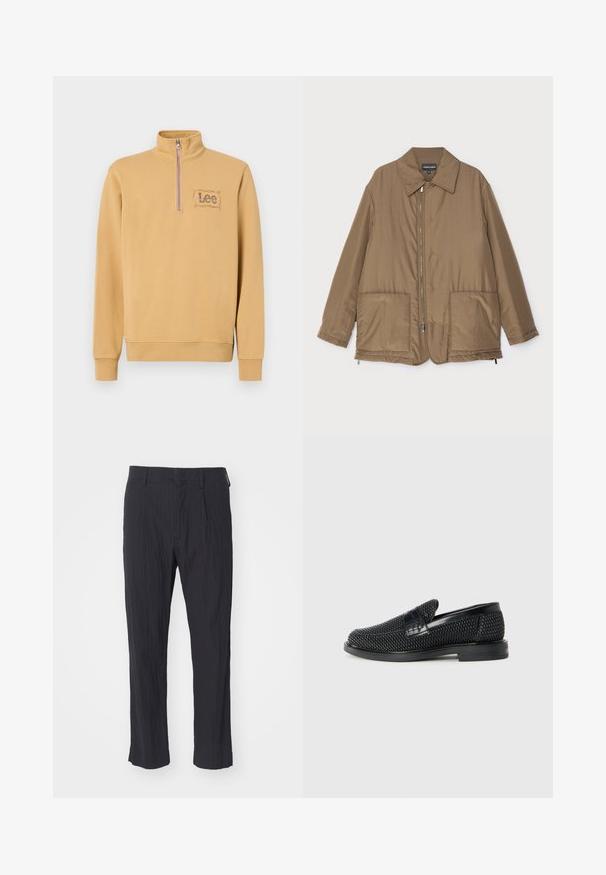 Brown padded jacket with a collared neck, front zip closure, two large pockets, and slight sheen. Simple design with a relaxed fit.; Yellow pullover sweatshirt with a zip collar, featuring an embroidered "Lee" logo in a rectangular design on the left chest. Cotton blend material.; Black pleated trousers with a textured fabric, featuring a straight leg design and standard waistband. No visible pockets or hardware.; Black woven slip-on shoe with a smooth leather accent on the upper, a round toe design, and a low-profile rubber sole.