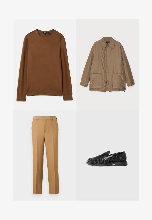 Veste rembourrée marron avec un col, fermeture zippée sur le devant, deux grandes poches et un léger éclat. Design simple avec une coupe décontractée.; Pull en maille marron avec un col rond, des manches raglan longues et un motif texturé. Il est doté de poignets et d'un ourlet côtelés pour un look ajusté.; Pantalons dress beiges en tissu tissé, présentant une coupe droite, un devant plat et des passants de ceinture. Texture lisse sans motifs visibles.; Chaussure slip-on tissée noire avec un accent en cuir lisse sur le dessus, un design à bout rond et une semelle en caoutchouc à profil bas.