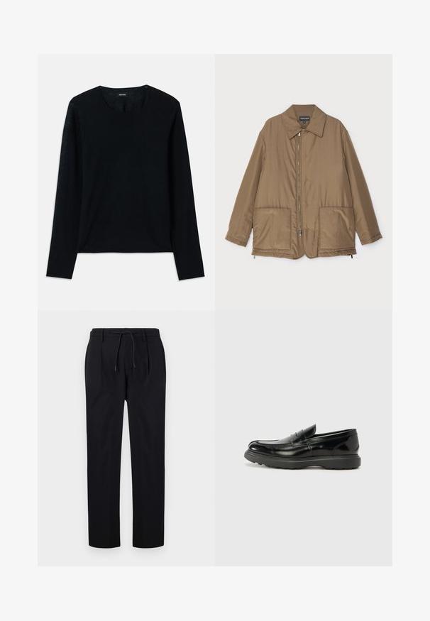 Braune gepolsterte Jacke mit Kragen, Reißverschluss vorne, zwei großen Taschen und leichter Glanz. Einfaches Design mit entspannter Passform.; Schwarzes langärmliges Strickoberteil mit Rundhalsausschnitt. Weiche Textur, lockere Passform, keine sichtbaren Muster oder Akzente.; Schwarze Hose aus glattem Stoff, mit einem Kordelzugbund, geraden Beinen und einer Vorderfalte für einen strukturierten Look.; Schwarze Lederloafer mit glanzendem Finish, abgerundetem Zehenbereich, subtilen Steppnähten und einer dicken Gummisohle für Langlebigkeit.