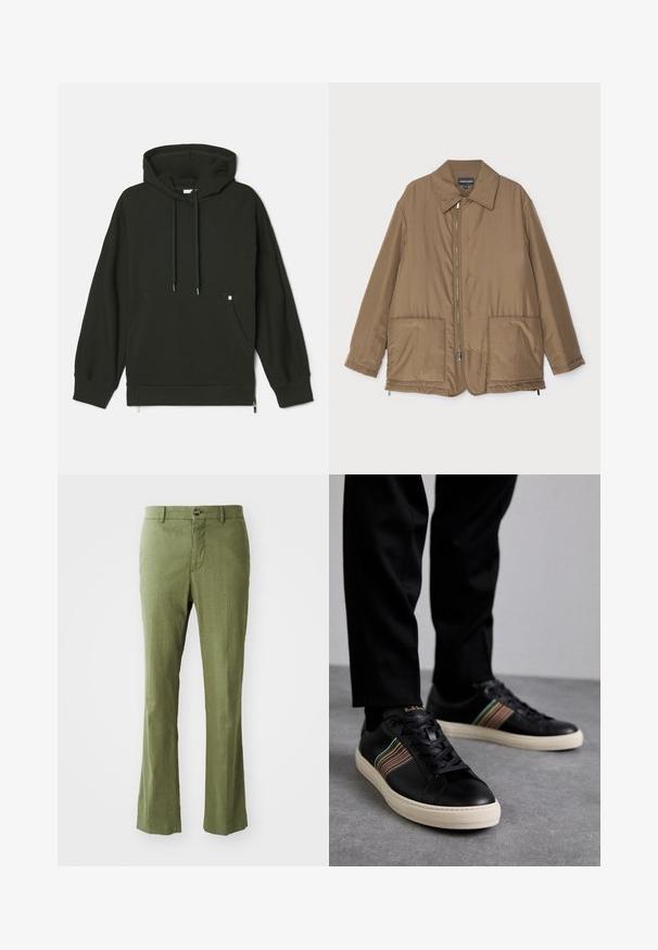 Braune gepolsterte Jacke mit Kragen, Reißverschluss vorne, zwei großen Taschen und leichter Glanz. Einfaches Design mit entspannter Passform.; Kapuzensweatshirt in Dunkelgrün, mit einer Fronttasche, Zugbändern und einem Reißverschlussdetail am Saum. Hergestellt aus weichem, strukturiertem Stoff.; Olivgrüne Leinenhose mit geradem Bein, ausgestattet mit einem Frontknopfverschluss und feiner Textur. Keine Muster oder Akzente.; Schwarze Ledersneaker mit mehrfarbigen gestreiften Akzenten, runder Zehenform und weißen Gummisohlen, mit schnürbarem Design und geprägter Markenkennzeichnung.