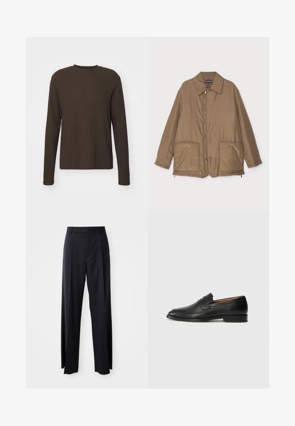 Brązowa pikowana kurtka z kołnierzem, zapinana na zamek z przodu, z dwiema dużymi kieszeniami i lekko błyszczącą powierzchnią. Prosty fason z luźnym krojem.; Koszula z długim rękawem i okrągłym dekoltem w ciemnym brązie. Wykonana z gładkiego, elastycznego materiału o prostym kroju i minimalnych szwach. Bez wzorów ani akcentów.; Czarne, wysokie spodnie o szerokim kroju, wykonane z gładkiego materiału. Posiadają zakładki z przodu i paski na pasek. Minimalistyczny design, bez widocznych elementów metalowych.; Czarne skórzane mokasyny z zaokrąglonym noskiem, subtelnymi przeszyciami i niskim obcasem, charakteryzujące się gładką teksturą i minimalistycznym designem.