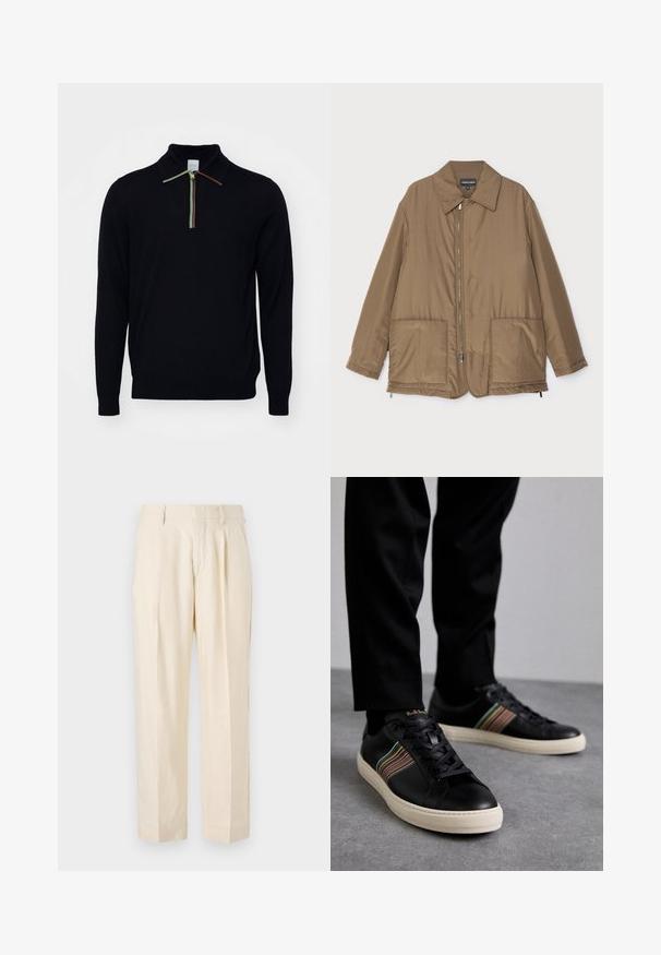 Hnědá zateplená bunda s límečkem, předním zipem, dvěma velkými kapsami a mírným leskem. Jednoduchý design s uvolněným střihem.; Paul Smith SWEATER - Svetr - black; NN.07 KAY - Kalhoty - off white; Černé kožené tenisky s barevnými pruhovanými akcenty, kulatou špičkou a bílou gumovou podrážkou, s designem na šněrování a embosovaným brandingem.