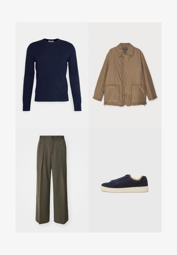 Rudas paminkštintas švarkas su apykakle, priekyje užtrauktuku, dviem didelėmis kišenėmis ir šiek tiek blizgesio. Paprastas dizainas su laisvu siluetu.; Tamsiai mėlynas apvalaus kaklo megztinis, pagamintas iš minkštos medžiagos, su ilgomis rankovėmis ir banguota apatine dalimi. Nėra jokių matomų raštų ar papuošimų.; Filippa K WIDE TROUSERS - Kelnės - driftwood; Jūros laivyno zomšiniai žemakulniai sportbačiai su apvaliu nosiu, šviesiai balta guma sole ir atitinkančiomis raištelėmis; turi kontrastingą tan spalvos vidinę pamušalą.