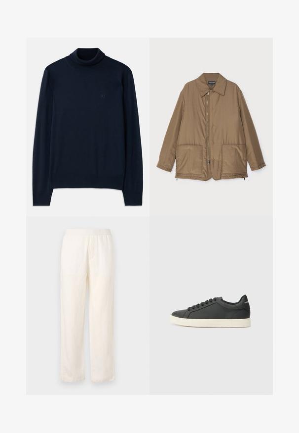 Giacca imbottita marrone con collo, chiusura frontale con zip, due grandi tasche e una leggera lucentezza. Design semplice con vestibilità rilassata.; Dsquared2 TURTLE NECK - Maglione - navy blue; Pantaloni leggeri color crema con cintura elastica, design a gamba dritta e una sottile texture. Non presenta tasche visibili.; Sneaker in pelle nera con profilo basso, punta tondeggiante e chiusura stringata; presenta una suola in gomma testurizzata e dettaglio del logo sul tallone.