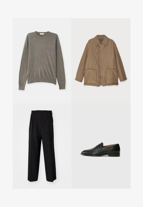 Rudas paminkštintas švarkas su apykakle, priekyje užtrauktuku, dviem didelėmis kišenėmis ir šiek tiek blizgesio. Paprastas dizainas su laisvu siluetu.; Pilka megzta palaidinė, pagaminta iš minkštos medžiagos, su apvaliu iškirpimu, ilgomis rankovėmis ir raukšlėtais rankogaliais bei apvadu. Turi paprastą, švarų dizainą.; Juodi klostuoti kelnių, su tiesiu, plačiu kojų dizainu. Pagaminti iš lygios medžiagos, su mygtukų uždarymu ir diržo kilputėmis.; Juodas odinis loaferis su apvaliu nosiu, subtiliomis siuvimo detalėmis ir žemu kulnu, pasižymintis lygia tekstūra ir minimalistiniu dizainu.