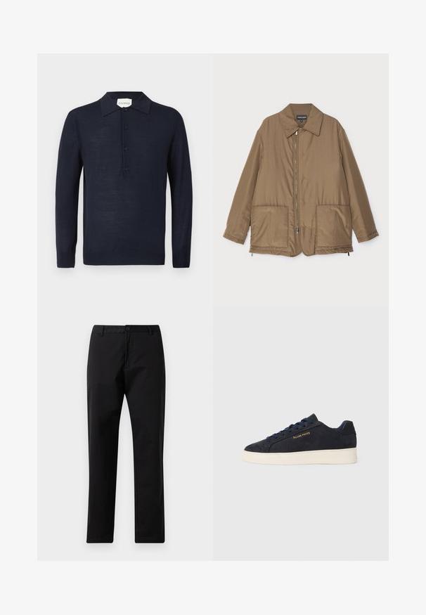 Pruunist voodriga jakk krae ja esitaskutega, ees lukuga kinnitamine ning kerge läikega. Lihtne kujundus ja lõdva istuvusega.; Tumesinise pikkade varrukatega polo-sweater nupuvajutusega ja soonikkoes mansettidega, esitlemisel valgel taustal.; Mustad sirged džinsid, millel on nupp ja lukuga kinni panemine, vöökohad ja eesmine taskud, esitatud valgel taustal.; Tumedat sinine seemisnahast madala profiiliga tennis, valge tossutald, tumesinised paelad ning küljes kuldne "Filling Pieces" logo.