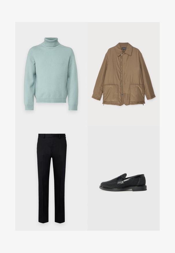 Brown padded jacket with a collared neck, front zip closure, two large pockets, and slight sheen. Simple design with a relaxed fit.; Paul & Joe UANAMOUR - Jumper - vert deau; Black trousers made of smooth fabric, featuring a straight-leg design, front crease, and belt loops at the waist. No visible patterns or accents.; Black woven slip-on shoe with a smooth leather accent on the upper, a round toe design, and a low-profile rubber sole.