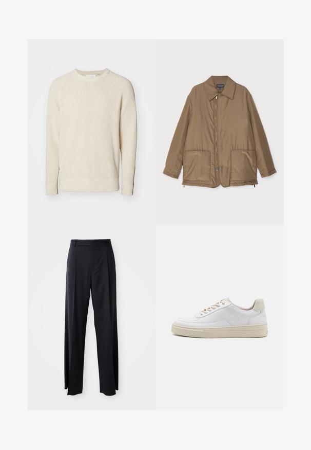 Brown padded jacket with a collared neck, front zip closure, two large pockets, and slight sheen. Simple design with a relaxed fit.; Light beige pullover sweater with a ribbed texture, round neckline, and long raglan sleeves. Side slits at the hem for ease of movement.; Black, high-waisted trousers with a wide-leg cut, made of smooth fabric. Features front pleats and belt loops. Minimalistic design, no visible hardware.; White sneaker featuring a smooth leather upper, beige laces, and a textured beige suede heel tab. Elevated sole for added height.