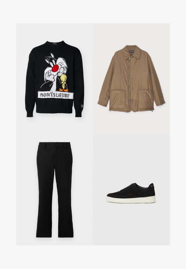 Giacca imbottita marrone con collo, chiusura frontale con zip, due grandi tasche e una leggera lucentezza. Design semplice con vestibilità rilassata.; Maglione nero lavorato a maglia con un'illustrazione di Sylvester il gatto e Tweety, con accenti rossi e bianchi e polsini a coste.; Pantaloni neri a campana realizzati in tessuto misto cotone, caratterizzati da chiusura con bottone, passanti per cintura e una superficie liscia senza motivi visibili.; Sneaker in suede nero con design con lacci e suola in gomma bianca a contrasto. Presenta pannelli laterali testurizzati e un marchio discreto sul tallone.
