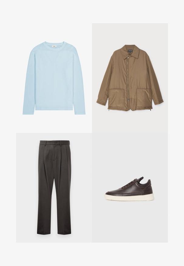 Braune gepolsterte Jacke mit Kragen, Reißverschluss vorne, zwei großen Taschen und leichter Glanz. Einfaches Design mit entspannter Passform.; NN.07 CLIVE - Strickpullover - winter sky; Dunkelgraue Hose aus strukturiertem Stoff, mit flachem Bund, Falten, geraden Beinen und Gürtelschlaufen. Keine sichtbaren Beschläge oder Muster.; Dunkelbraune, strukturiert Leder-Sneaker mit Schnürung und weißer, gerippter Gummisohle vor einem schlichten, hellen Hintergrund.