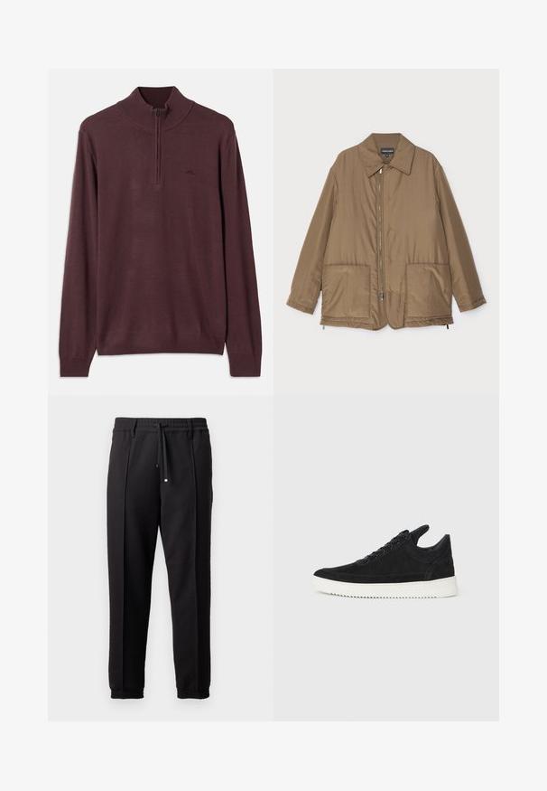 Barna steppelt dzseki, galléros nyakkal, elülső cipzárral, két nagy zsebbel és enyhe fényességgel. Egyszerű dizájn, laza szabással.; Hosszú ujjú barna kötött pulóver félcipzáras gallérral és bordázott mandzsettával, fehér háttér előtt bemutatva.; Fekete nadrág derékpánttal, húzózsinórral és rugalmas mandzsettákkal. Jellemző rá a pliszírozás és a sima, textúrált anyag.; Fekete nubuk sportcipő fehér gumitalppal, tónusos varrással és fűzős kialakítással. Simák a textúrája, modern, letisztult formával rendelkezik.