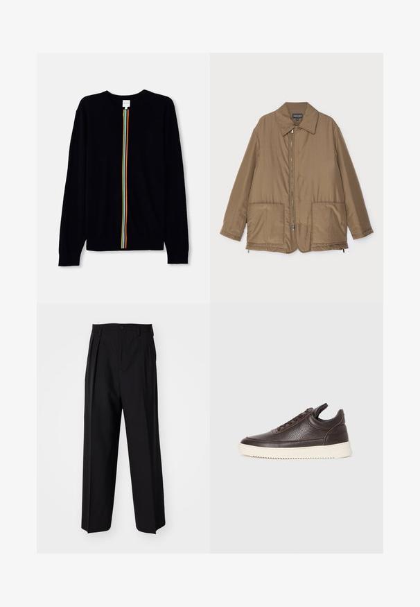 Rudas paminkštintas švarkas su apykakle, priekyje užtrauktuku, dviem didelėmis kišenėmis ir šiek tiek blizgesio. Paprastas dizainas su laisvu siluetu.; Juodas megztinis su ilgomis rankovėmis, su centrine vertikaliąja juosta vaivorykštės spalvų. Minkšta megztinė medžiaga su raukšlėtomis rankogaliais.; Juodi klostuoti kelnių, su tiesiu, plačiu kojų dizainu. Pagaminti iš lygios medžiagos, su mygtukų uždarymu ir diržo kilputėmis.; Tamsiai rudas tekstūruotas odinis sportbačius su raišteliais ir baltu grioveliu ant gumos pado, pateiktas ant šviesaus fono.