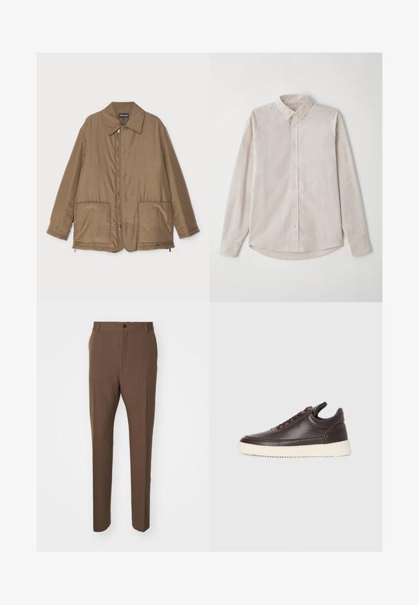 Bruine gewatteerde jas met een kraag, ritssluiting aan de voorkant, twee grote zakken en een lichte glans. Eenvoudig ontwerp met een ontspannen pasvorm.; Lichtbeige langemouwen shirt van zachte stof. Voorzien van een kraag met knopen en een centrale knoopsluiting met een gebogen zoom.; Filippa K TAPERED TAILORED TROUSERS - Pantalon - dark driftwood; Donkerbruin gestructureerd leren sneaker met vetersluiting en een witte gegroefde rubberen zool tegen een effen lichte achtergrond.