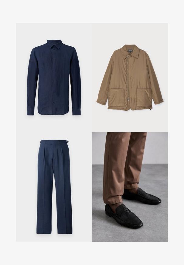 Brązowa pikowana kurtka z kołnierzem, zapinana na zamek z przodu, z dwiema dużymi kieszeniami i lekko błyszczącą powierzchnią. Prosty fason z luźnym krojem.; Granatowa koszula z długim rękawem wykonana z lnu. Posiada klasyczny kołnierzyk, zapięcie na guziki z przodu oraz teksturowaną tkaninę o luźnym fasonie.; Niebieskie, dopasowane spodnie z żakardu, o wysokim stanie, z kantami i regulowanymi paskami po bokach dla lepszego dopasowania.; Czarne mokasyny z textured wzorem, z okrągłym noskiem i niskim profilem. Połączone z brązowymi spodniami na szarej powierzchni.
