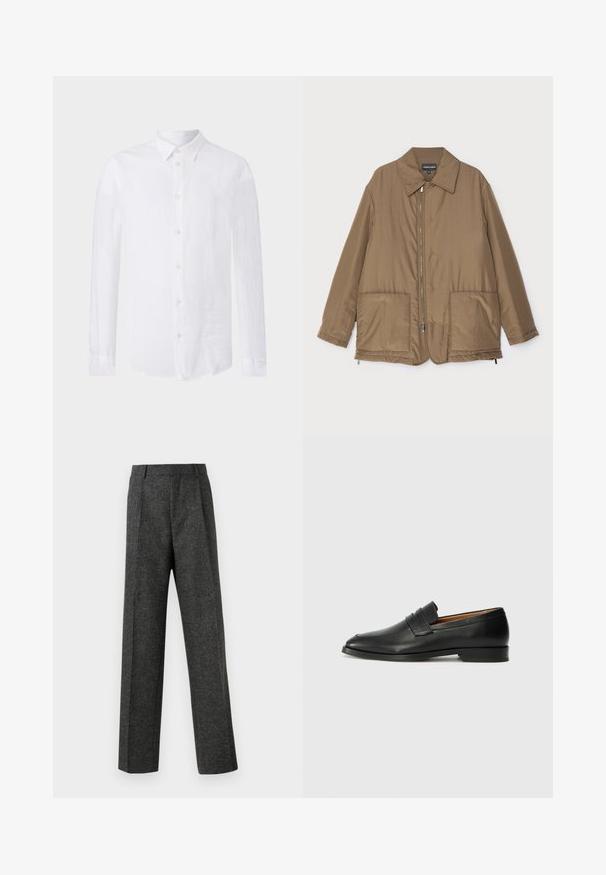 Brūns polsterēts mētelis ar apkakli, priekšpuses rāvējslēdzēja aizdare, divas lielas kabatas un nedaudz spīdīga virsma. Vienkāršs dizains ar brīvu piegriezumu.; Baltas garām piedurknēm krekls, izgatavots no lina. Tam ir klasiskā apkakle, pogu aizdare un izliekts apakšmalas dizains ar teksturētu, vieglu apdari.; Pelēki piegriezti bikses, izgatavotas no tekstūras auduma, ar diviem priekšējiem krokām un taisnu kāju dizainu. Nav redzamu kabatu vai rotājumu.; Melnas ādas loafers ar noapaļotu purngala formu, smalku izšuvumu un zemu papēdi, piedāvājot gludu tekstūru un minimālistisku dizainu.