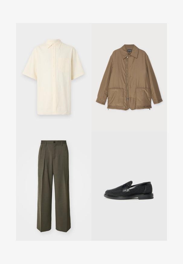 Brown padded jacket with a collared neck, front zip closure, two large pockets, and slight sheen. Simple design with a relaxed fit.; Short-sleeve button-up shirt in pale cream, made from textured fabric, featuring a chest pocket and a classic collar.; Filippa K WIDE TROUSERS - Trousers - driftwood; Black woven slip-on shoe with a smooth leather accent on the upper, a round toe design, and a low-profile rubber sole.
