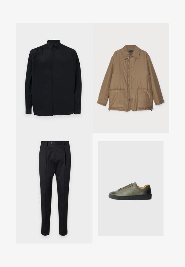 Braune gepolsterte Jacke mit Kragen, Reißverschluss vorne, zwei großen Taschen und leichter Glanz. Einfaches Design mit entspannter Passform.; Schwarz langärmliges Shirt aus glattem Stoff, mit klassischem Kragen, Knopfleiste und lässiger Passform mit eingefassten Ärmeln.; Schwarze Hosen aus einem glatten Stoff, mit einem Faltenwurf vorne, einem Knopfverschluss und umgeschlagenen Säumen am Knöchel.; Sneaker aus olivgrünem Leder mit schwarzer Gummisohle. Verfügt über eine runde Zehenform, tonale Schnürsenkel und ein minimalistisches Design. Innen mit beiger Material ausgekleidet.