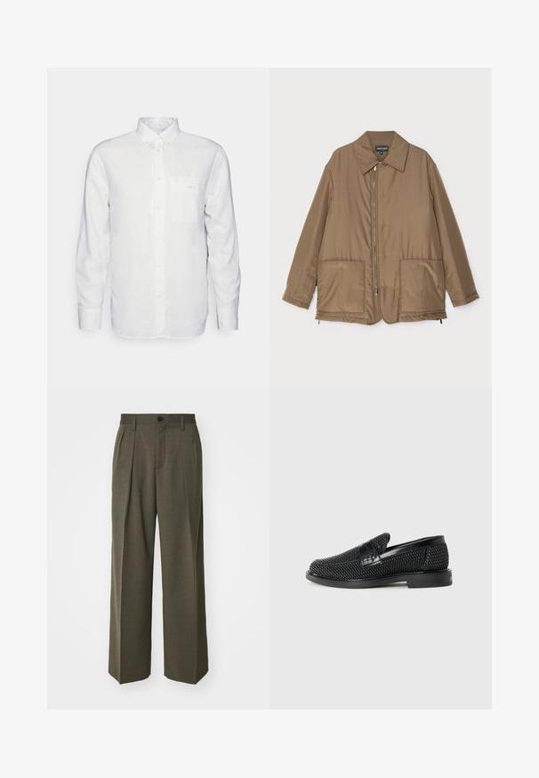 Braune gepolsterte Jacke mit Kragen, Reißverschluss vorne, zwei großen Taschen und leichter Glanz. Einfaches Design mit entspannter Passform.; Langärmliges, weißes Hemd aus Baumwolle mit Button-Down-Kragen, Fronttasche und normalem Schnitt. Strukturierter Stoff mit glatter Oberfläche.; Filippa K WIDE TROUSERS - Stoffhose - driftwood; Schwarzer geflochtener Slipper mit einem glatten Lederakzent im Obermaterial, einem runden Zehendesign und einer flachen Gummisohle.