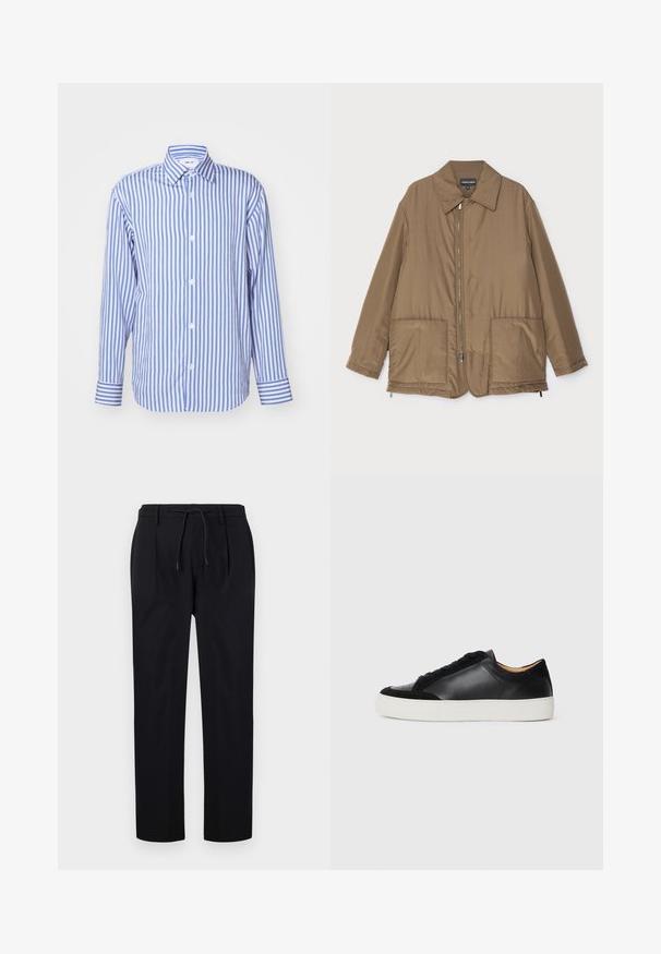 Brun polstret jakke med krave, frontlynlås, to store lommer og let glans. Simpelt design med en afslappet pasform.; Blå og hvid stribet skjorte, med krave, lange ærmer, knaplukning foran, blødt stof, har knapmanchetter og jævnt placerede lodrette striber.; Sorte bukser lavet af glat stof, med snor i taljen, lige ben og frontfolder for et struktureret udseende.; Sort lædersneaker med ruskindselementer, rund tå, flad hvid gummisål og kontrasterende teksturer på kroppen og snørebåndene.