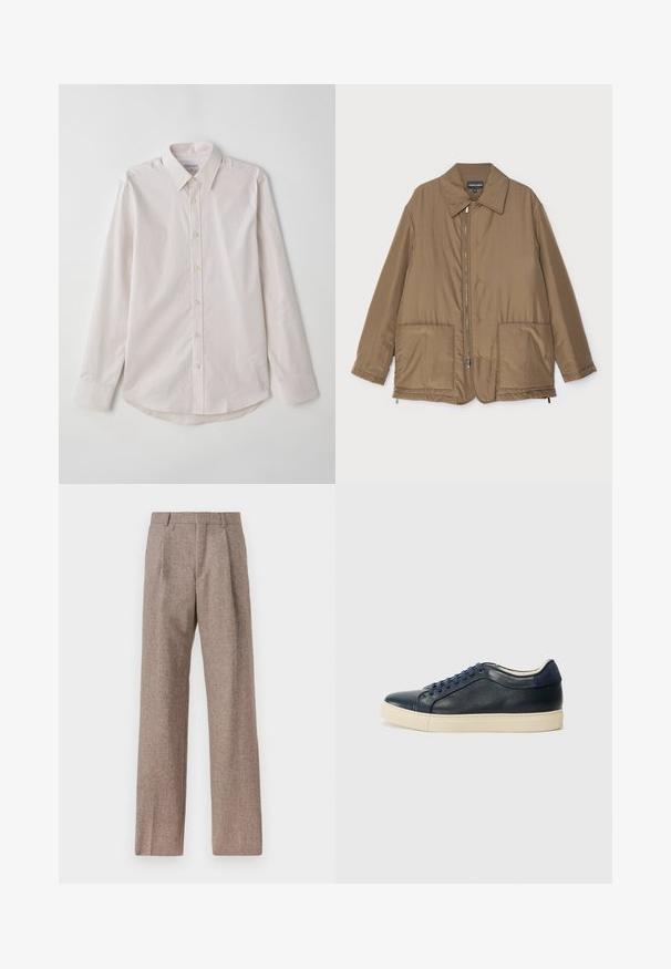 Brun polstret jakke med krave, frontlynlås, to store lommer og let glans. Simpelt design med en afslappet pasform.; Lyserød langærmet skjorte med knapper og spread krave, vertikale striber og afrundet kant. Har beige knapper og en glat tekstur.; Brune, højtaljede bukser lavet af tekstureret stof. Har brede ben og to frontfoldninger for struktur. Pæn finish uden synlig hardware.; Mørkeblå lædersneakers med cremegummisål, udstyret med blå snørebånd og en glat tekstur. Rundet tå og minimalistisk design.