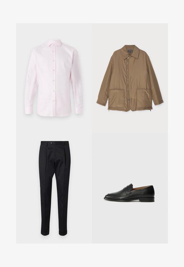 Rudas paminkštintas švarkas su apykakle, priekyje užtrauktuku, dviem didelėmis kišenėmis ir šiek tiek blizgesio. Paprastas dizainas su laisvu siluetu.; Rožinė ilgomis rankovėmis marškinėlių pagamintos iš lygios medžiagos; turi mygtukų užsegimą priekyje su baltais mygtukais ir klasikinį apykaklę.; Juodos kelnės pagamintos iš lygaus audinio, su raukšle priekyje, mygtuko uždarymu ir suknežintomis rankovėmis ties kulkšnimi.; Juodas odinis loaferis su apvaliu nosiu, subtiliomis siuvimo detalėmis ir žemu kulnu, pasižymintis lygia tekstūra ir minimalistiniu dizainu.