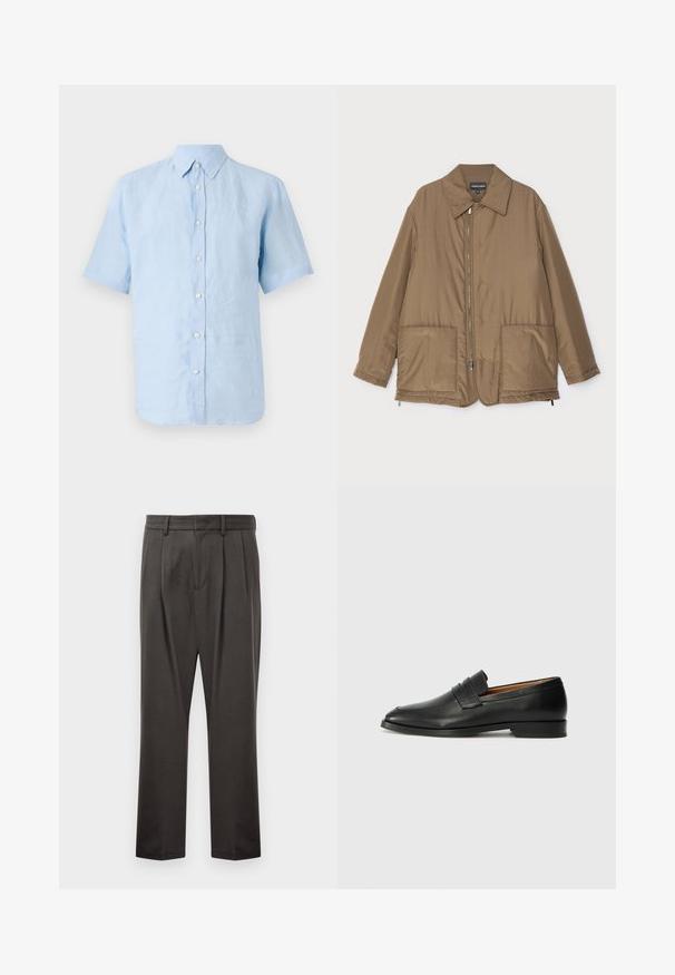 Brązowa pikowana kurtka z kołnierzem, zapinana na zamek z przodu, z dwiema dużymi kieszeniami i lekko błyszczącą powierzchnią. Prosty fason z luźnym krojem.; Tiger of Sweden SPENSER jasnoniebieski; Ciemnoszare spodnie wykonane z teksturowanej tkaniny, z prostym przodem, plisami, prostymi nogawkami i pętelkami na pasek. Brak widocznych elementów metalowych lub wzorów.; Czarne skórzane mokasyny z zaokrąglonym noskiem, subtelnymi przeszyciami i niskim obcasem, charakteryzujące się gładką teksturą i minimalistycznym designem.