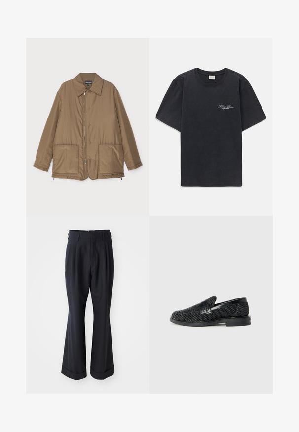 Ruskea pehmustettu takki kauluksella, edessä vetoketjukiinnitys, kaksi suurta taskua ja lievä kiilto. Yksinkertainen muotoilu rentolla istuvuudella.; Mustat lyhythihaiset t-paidat, joissa on pieni valkoinen "Filling Pieces" -tekstilogo vasemmassa rinnassa.; Mustat räätälöidyt housut rennolla istuvuudella, voltaan pleidatut etuosat ja leveät lahkeet. Mukana käännetty helma ja sileä kangas.; Musta kudottu liukupohjallinen kenka, jossa on sileä nahkakorostus päällisessä, pyöreä kärki ja matala kumipohja.