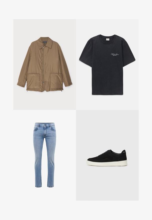 Hnědá zateplená bunda s límečkem, předním zipem, dvěma velkými kapsami a mírným leskem. Jednoduchý design s uvolněným střihem.; Černé tričko s krátkým rukávem a kulatým výstřihem s malým bílým logem "Filling Pieces" na levé hrudi.; Svetle modré džíny z denimu s úzkým střihem, pět kapsami a rovnými nohavicemi. Obsahují zip a poutka na opasek. Měkká textura.; Černé semišové tenisky s krajkovým designem a kontrastní bílou gumovou podrážkou. Obsahují texturované boční panely a jemné branding na patě.