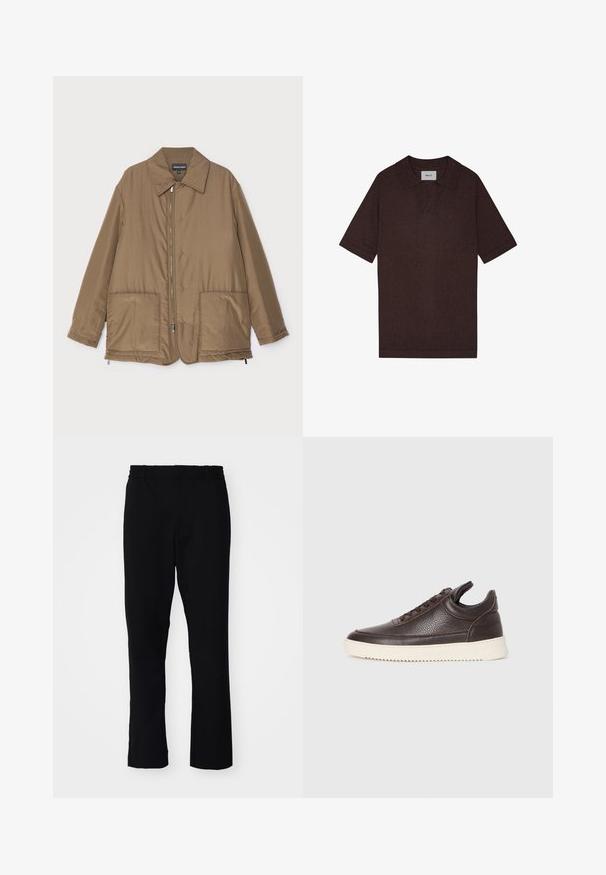 Veste rembourrée marron avec un col, fermeture zippée sur le devant, deux grandes poches et un léger éclat. Design simple avec une coupe décontractée.; Polo marron en tissu texturé, avec un col pointu et des manches courtes. L'étiquette affiche "NN. 07" au niveau du col.; Pantalons noirs à coupe slim. Ils sont dotés d'une taille élastique et de jambes droites, fabriqués à partir d'un tissu lisse avec une finition mate.; Baskets en cuir texturé brun foncé avec un dessus à lacets et une semelle en caoutchouc blanc striée sur un fond clair et uni.