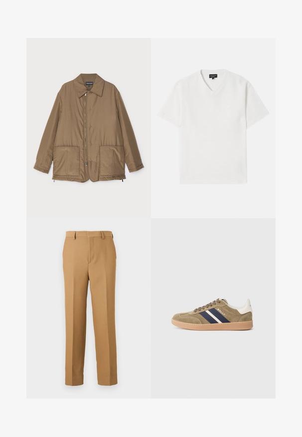 Chaqueta acolchada marrón con cuello camisero, cierre delantero con cremallera, dos grandes bolsillos y un ligero brillo. Diseño sencillo con un corte relajado.; Camiseta blanca de manga corta con cuello en V, confeccionada en una tela texturizada con un patrón sutil. Presenta un pequeño logo en el pecho.; Pantalones de vestir beige hechos de tejido woven, con corte recto, frente plano y trabillas. Textura suave sin patrones visibles.; Zapatilla de ante oliva con rayas azul marino y blancas, suela de goma beige, puntera redonda y parte superior con cordones. Nombre de la marca "BALLY" en el lado.